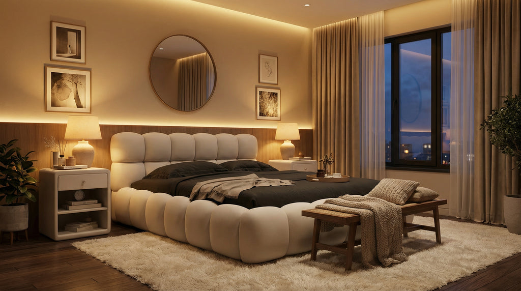 Harmonisches Polsterbett Teddy Stoff – mit Stauraum