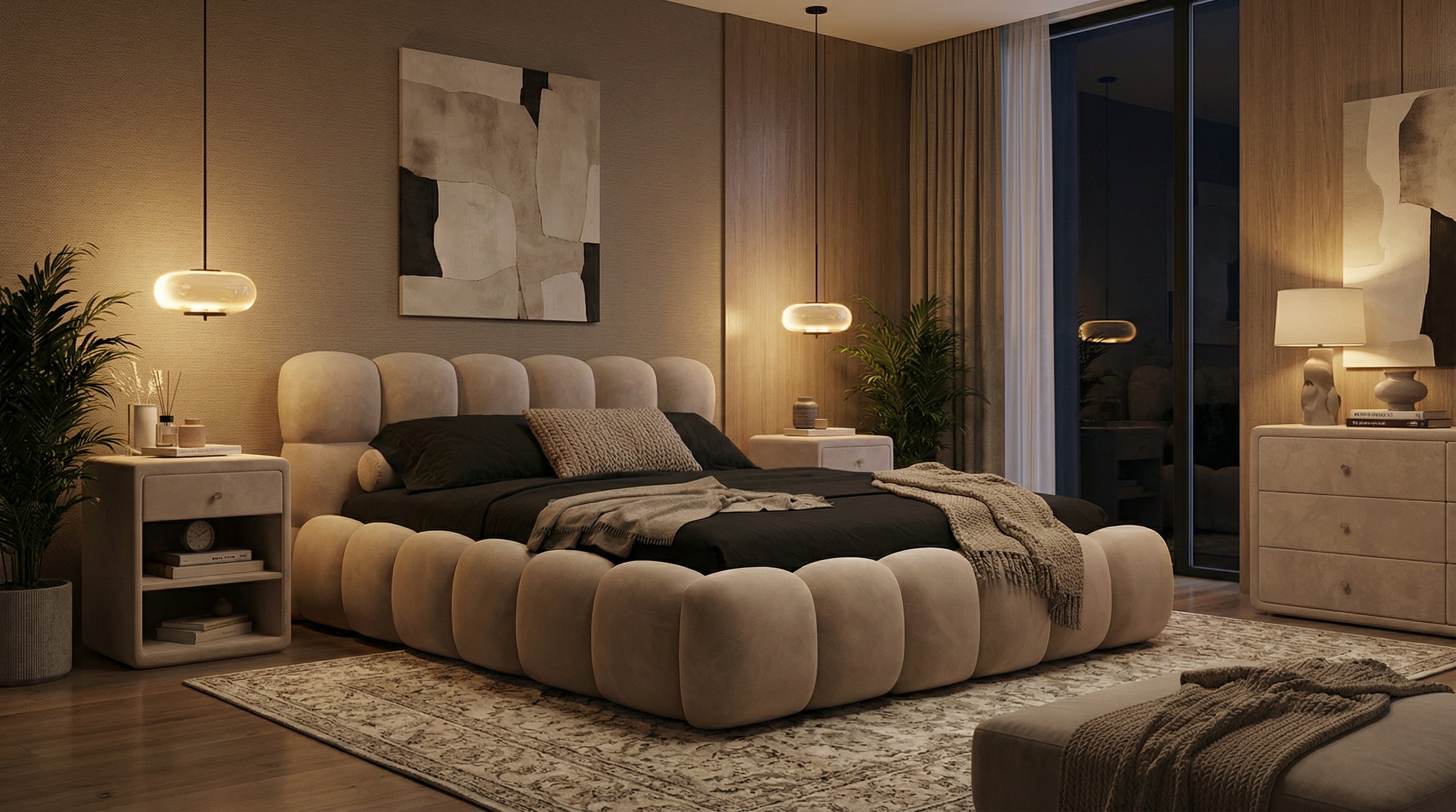 Anschmiegsames Polsterbett Teddy Samt – mit Stauraum