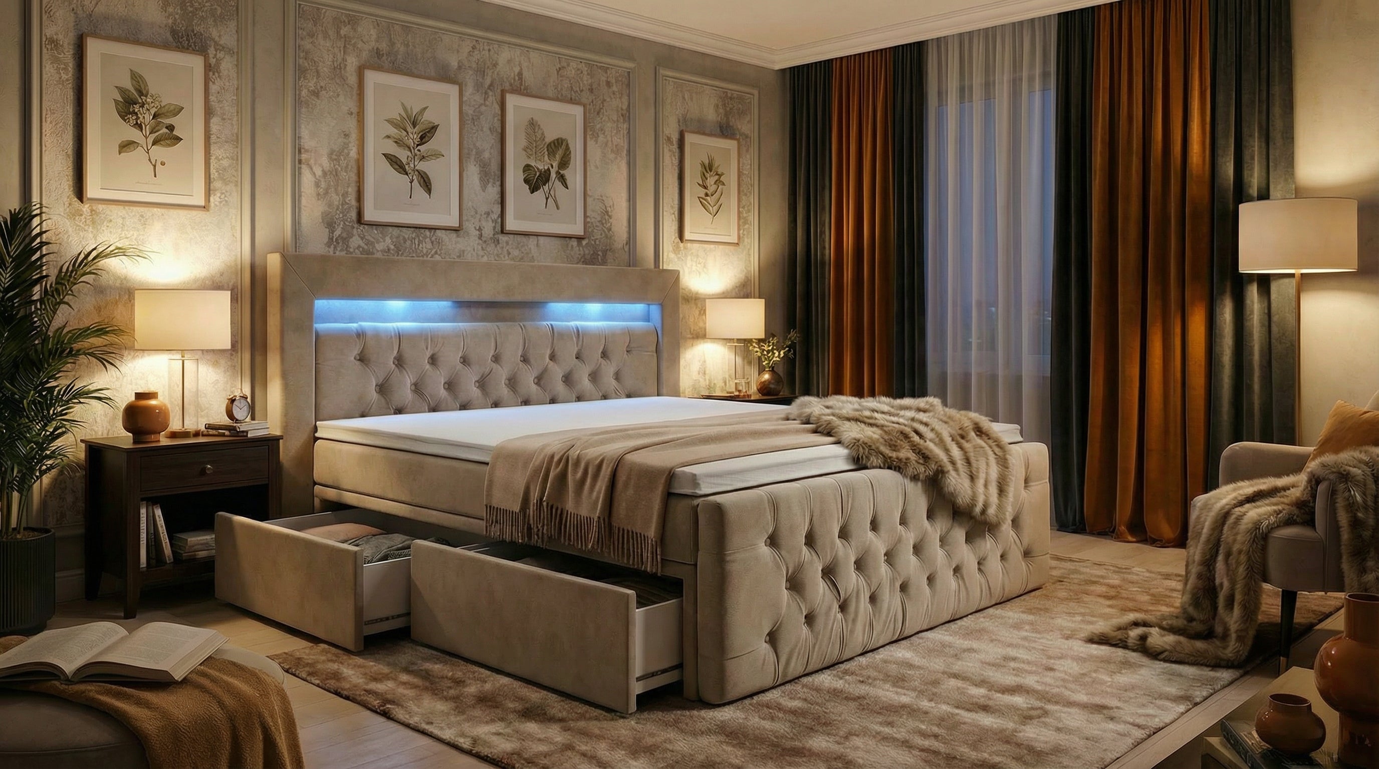 Elegantes Boxspringbett Nova – mit Schubladen & LED