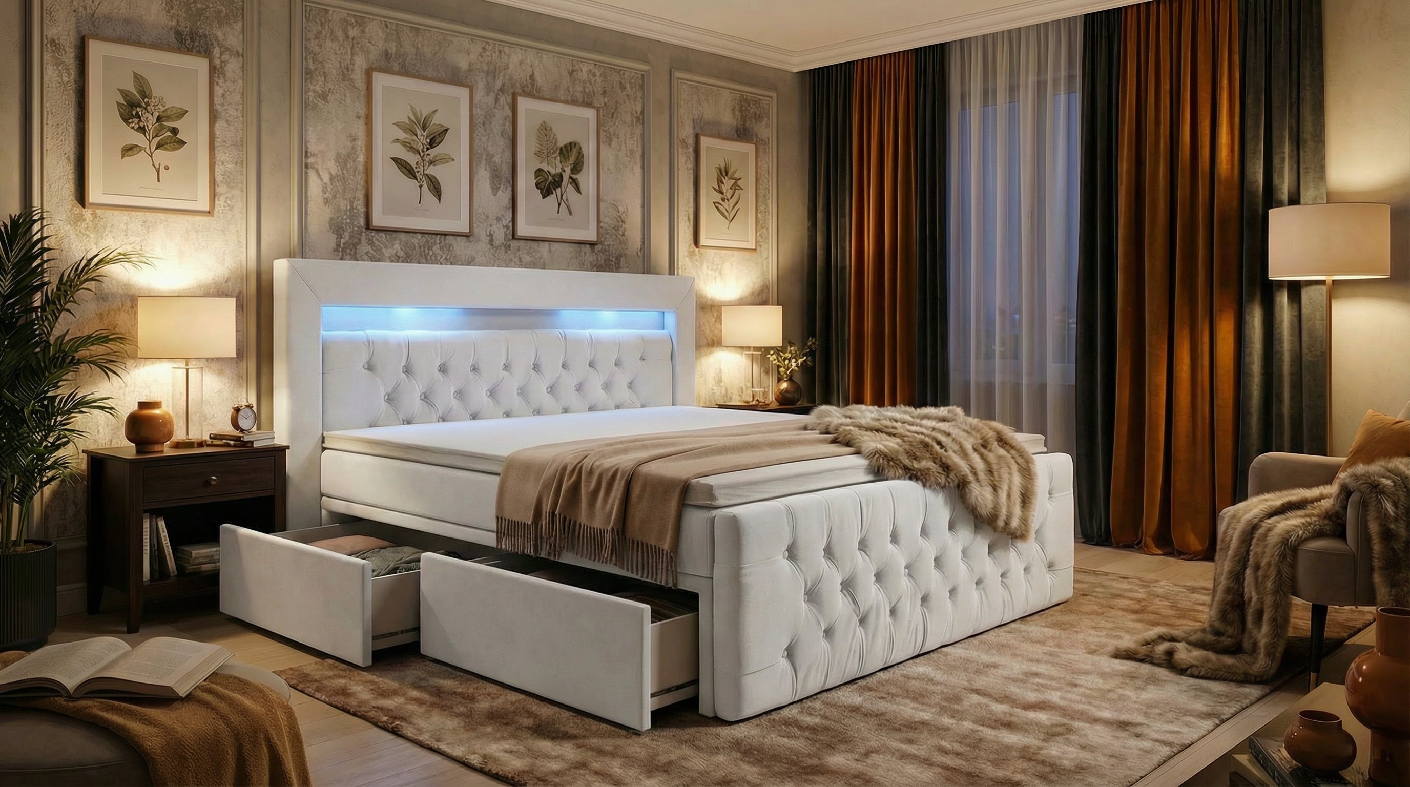 Elegantes Boxspringbett Nova – mit Schubladen & LED