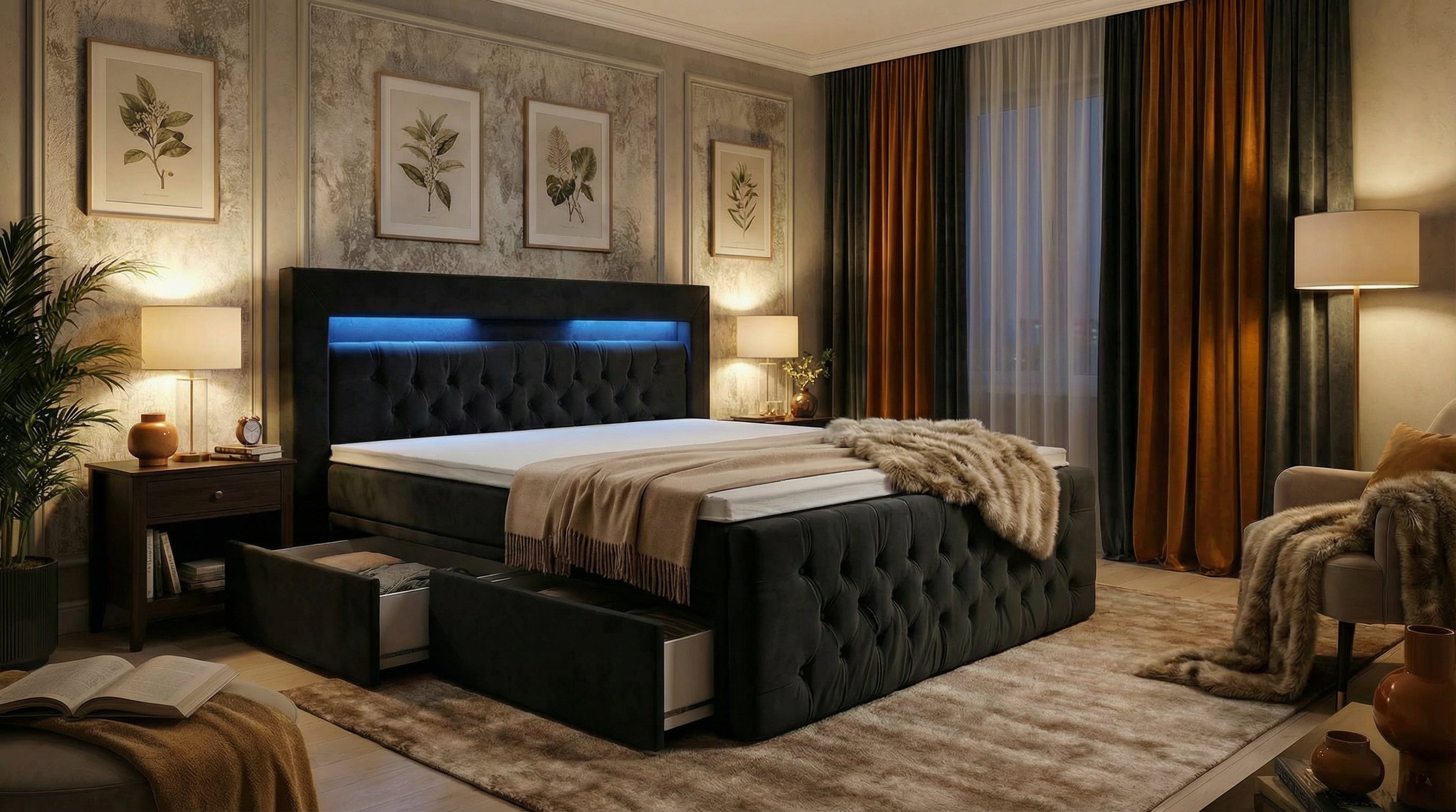 Elegantes Boxspringbett Nova – mit Schubladen & LED