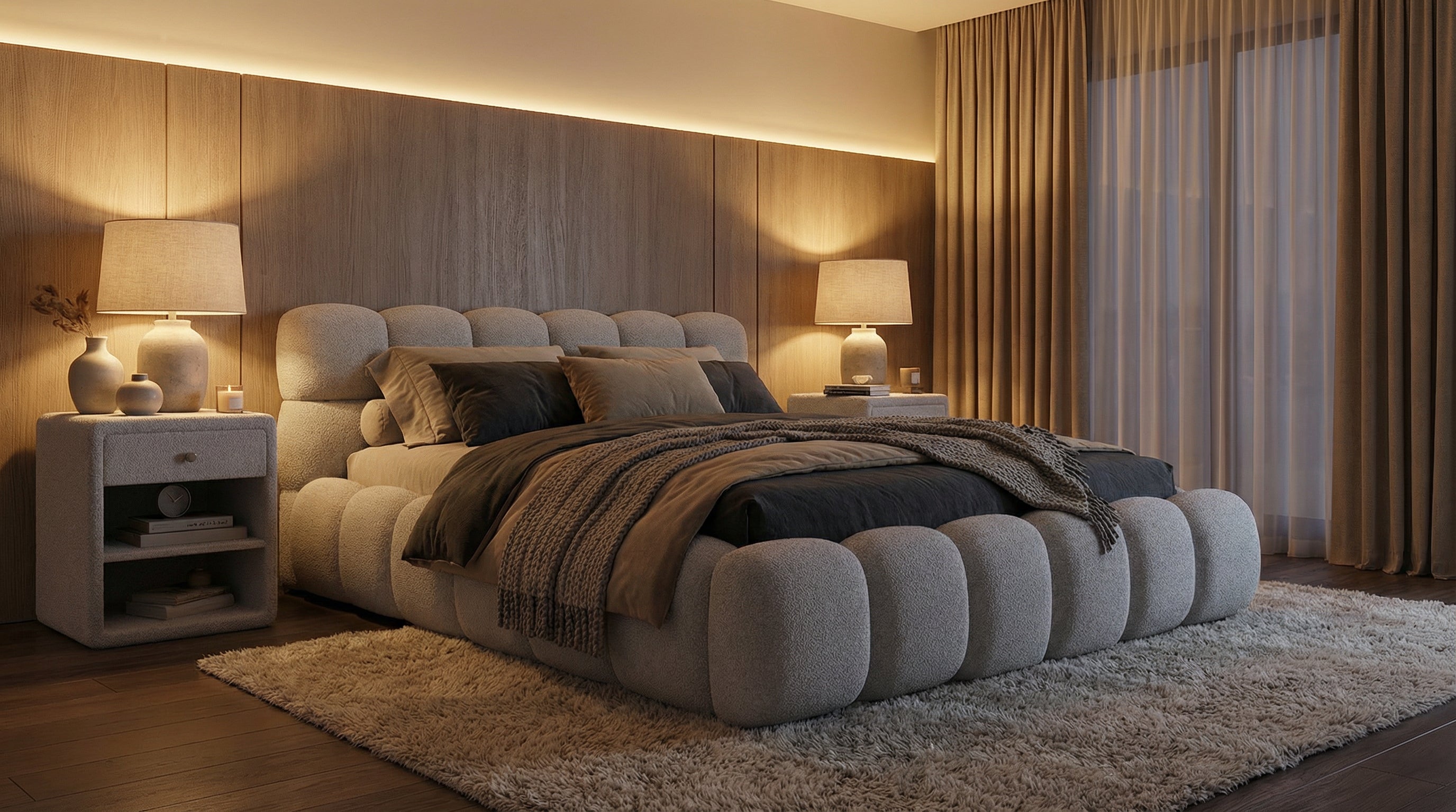 Gemütliches Polsterbett Teddy Bouclé – mit Stauraum