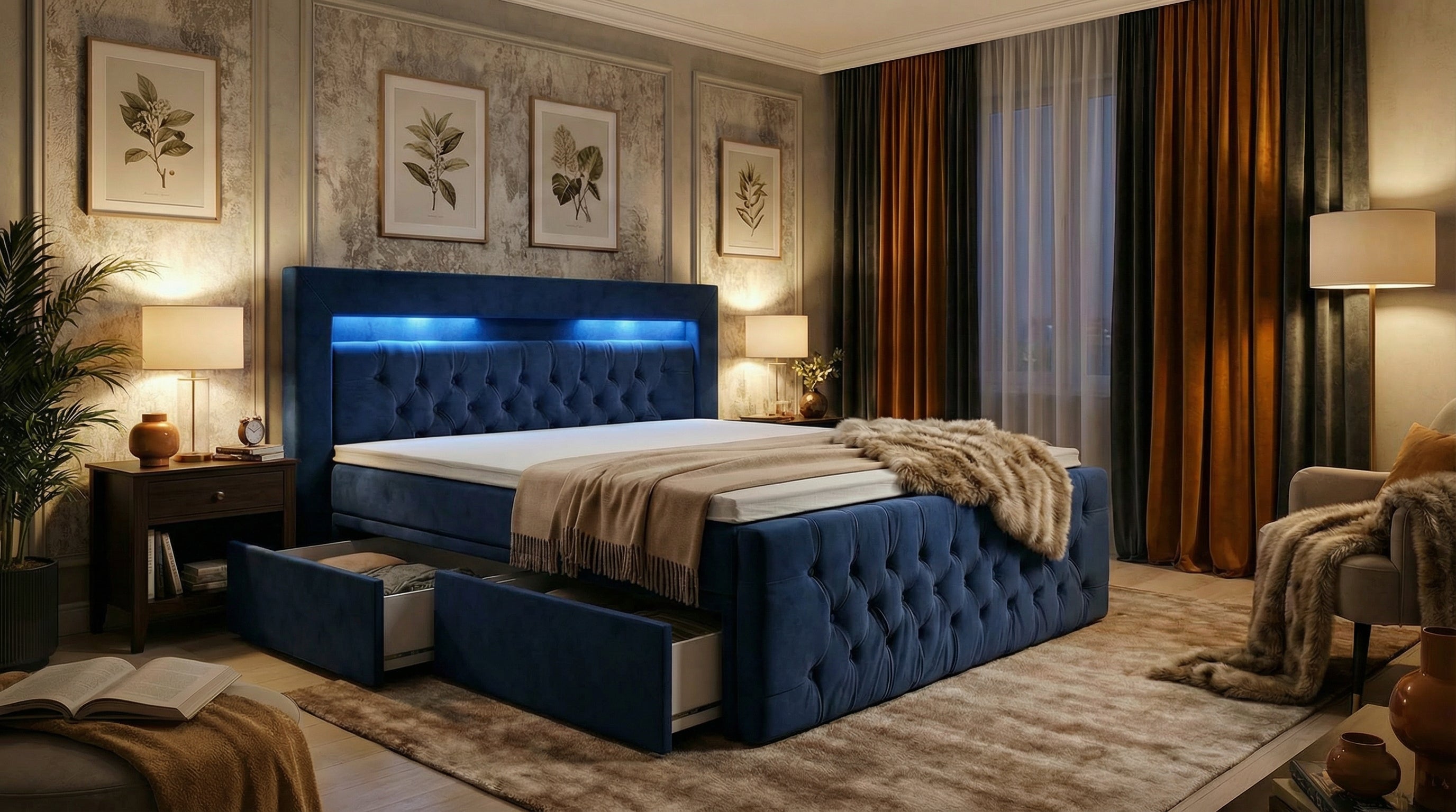 Elegantes Boxspringbett Nova – mit Schubladen & LED
