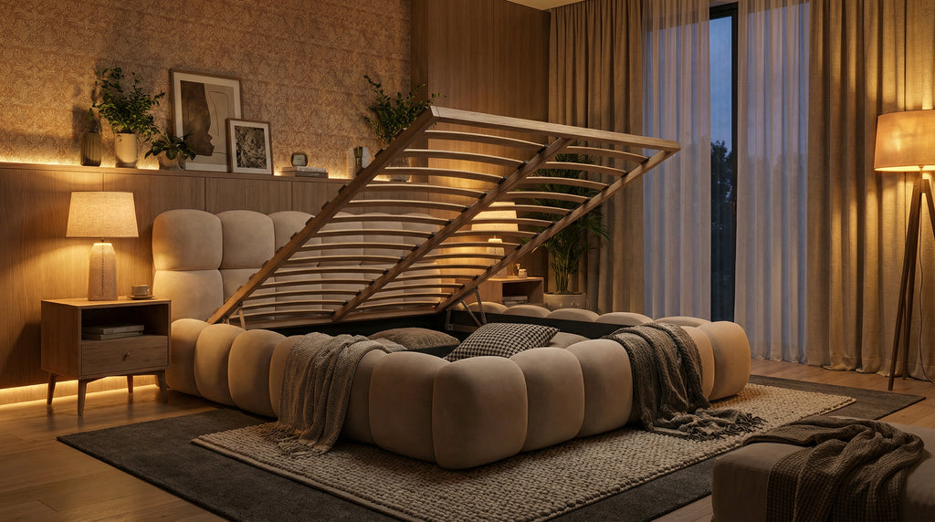 Harmonisches Polsterbett Teddy Stoff – mit Stauraum