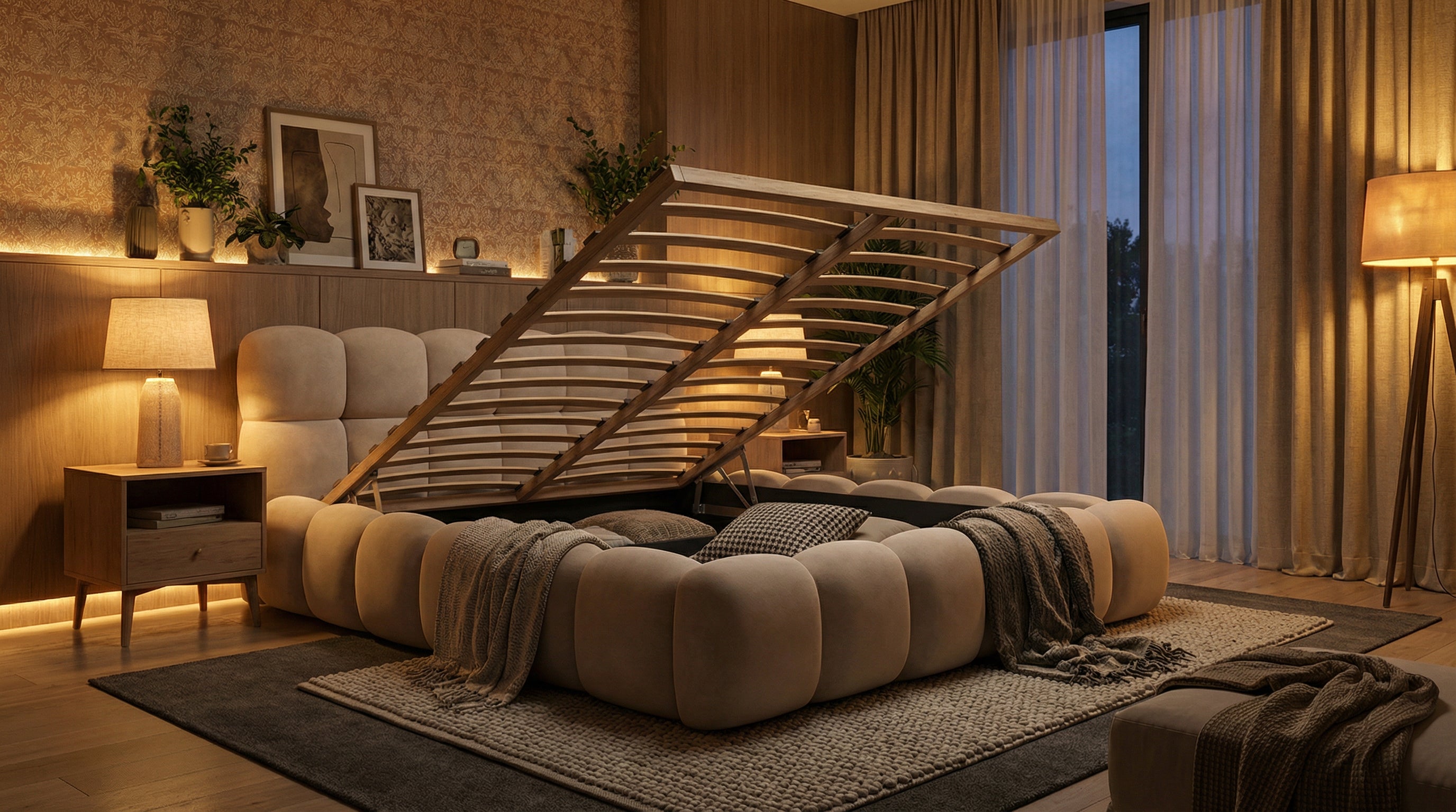 Harmonisches Polsterbett Teddy Stoff – mit Stauraum