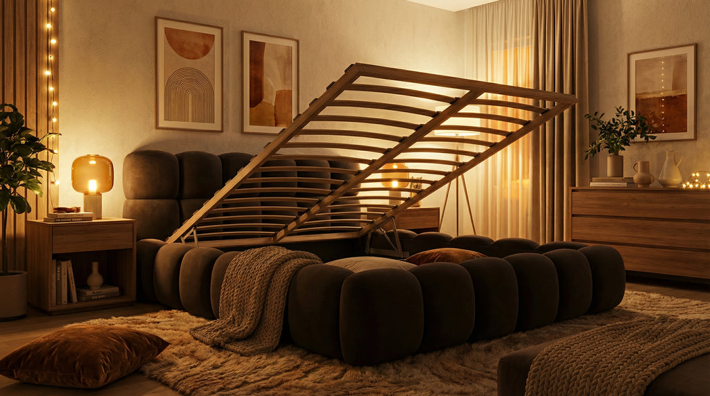 Anschmiegsames Polsterbett Teddy Samt – mit Stauraum