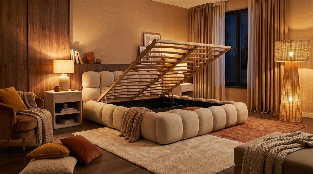 Gemütliches Polsterbett Teddy Bouclé – mit Stauraum