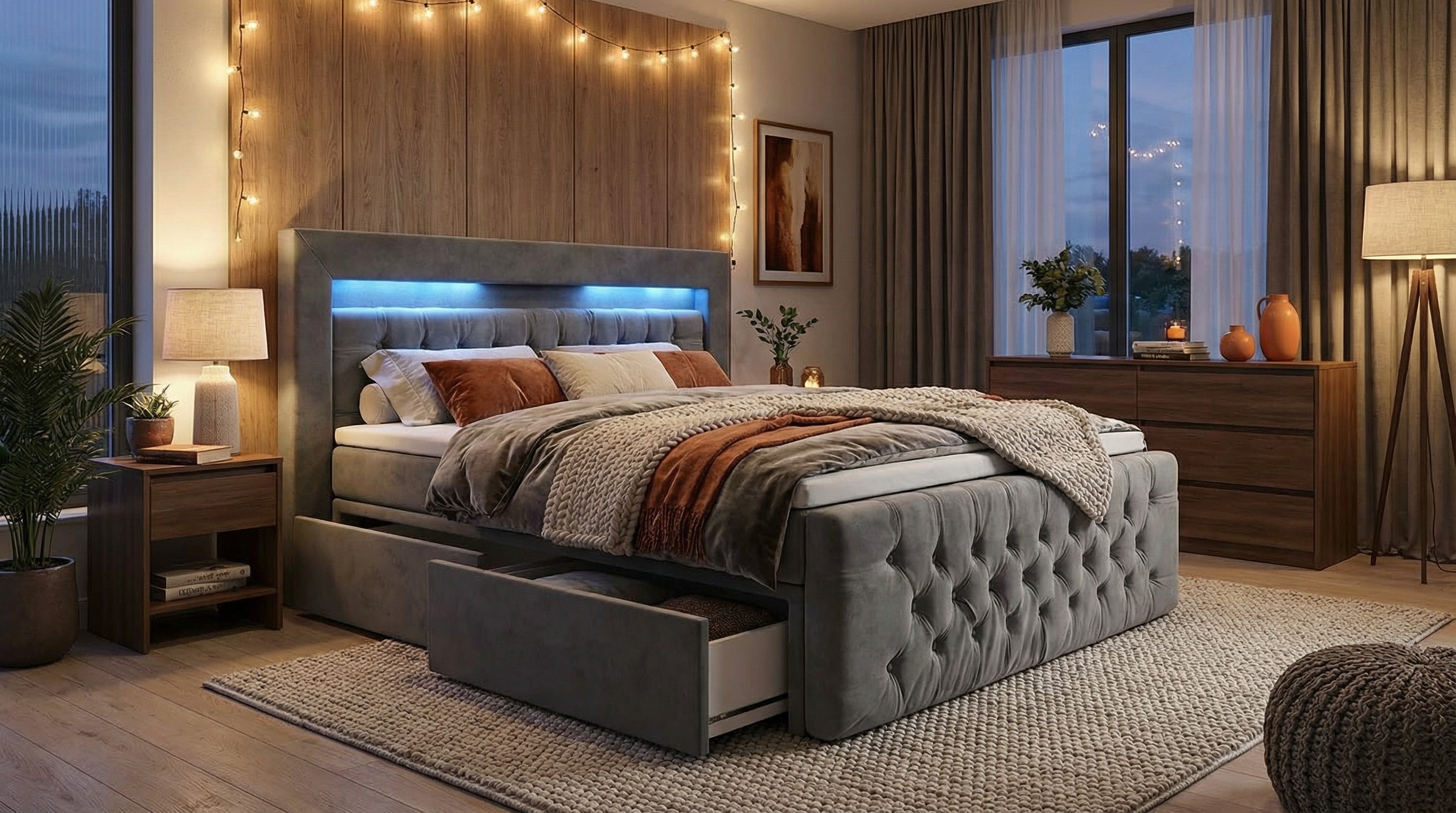 Elegantes Boxspringbett Nova – mit Schubladen & LED