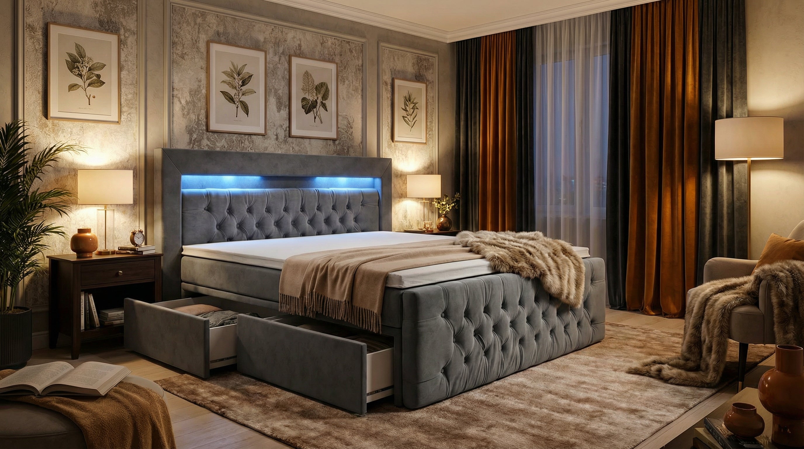 Elegantes Boxspringbett Nova – mit Schubladen & LED