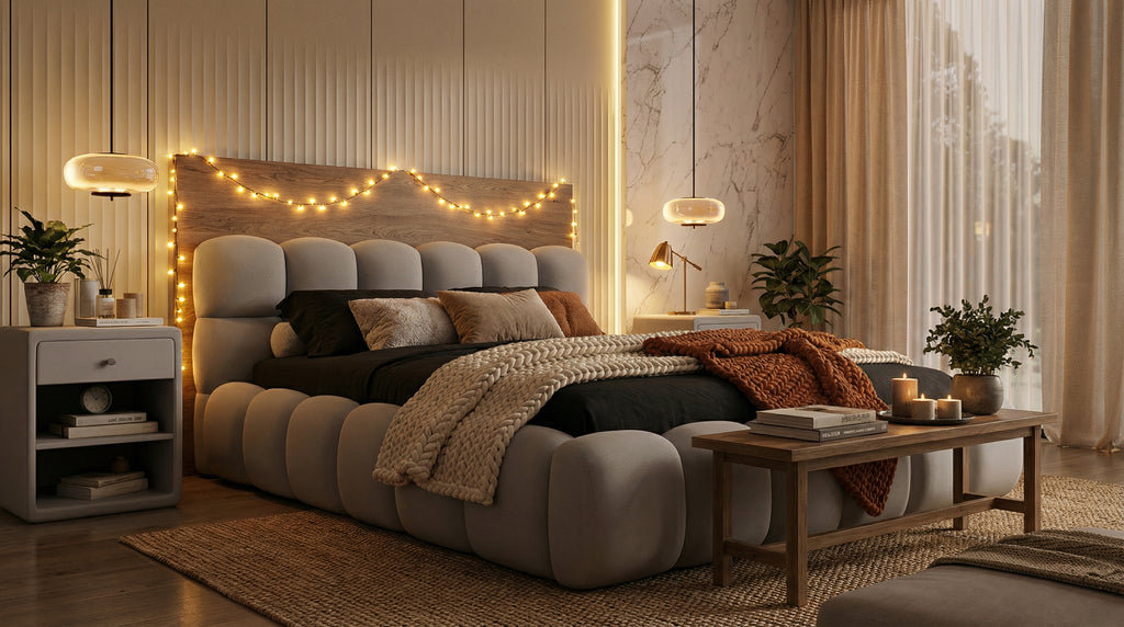 Harmonisches Polsterbett Teddy Stoff – mit Stauraum