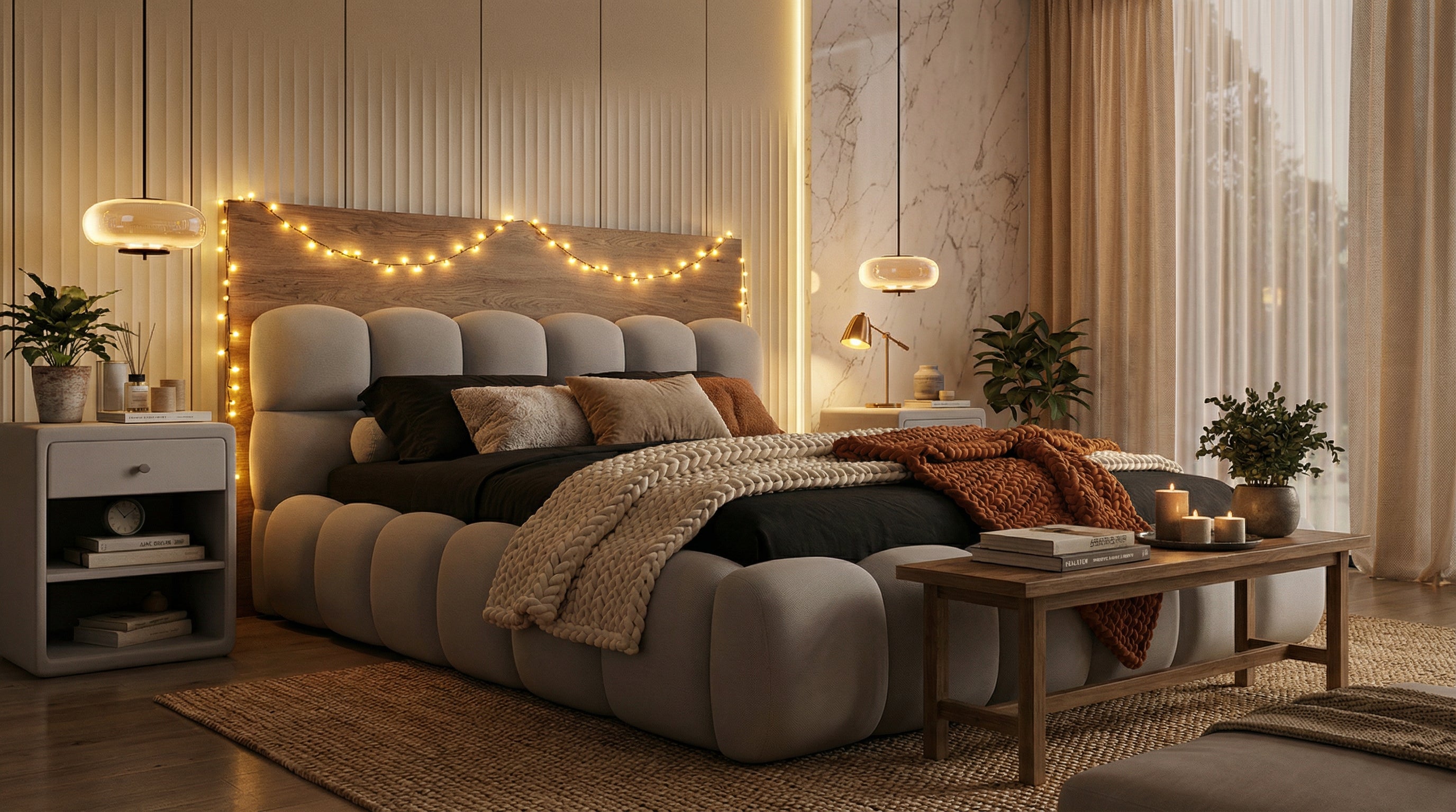 Harmonisches Polsterbett Teddy Stoff – mit Stauraum